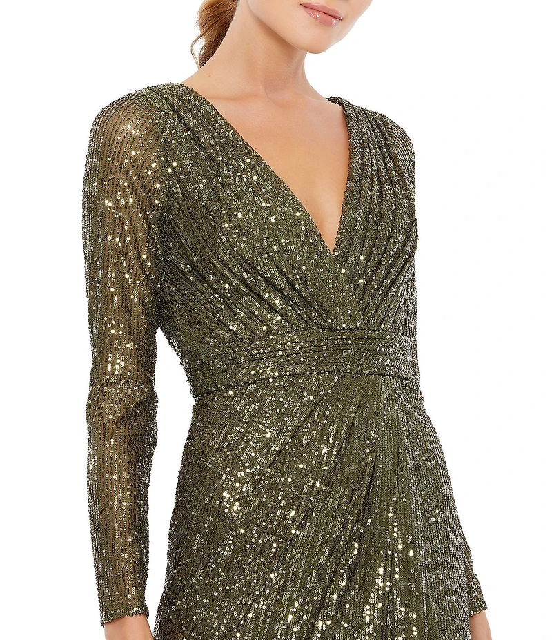 Ieena for Mac Duggal Long Sleeve Deep Surplice V-Neck Sequin Thigh High Slit Gown