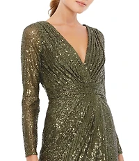 Ieena for Mac Duggal Long Sleeve Deep Surplice V-Neck Sequin Thigh High Slit Gown
