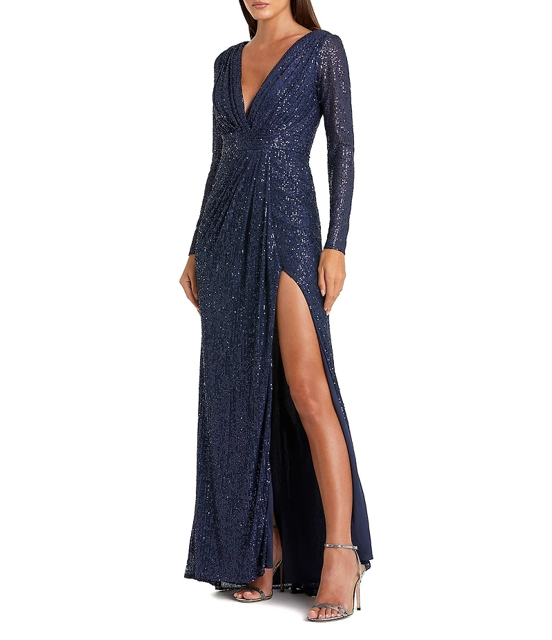 Ieena for Mac Duggal Long Sleeve Deep Surplice V-Neck Sequin Thigh High Slit Gown