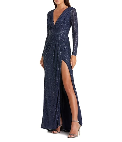Ieena for Mac Duggal Long Sleeve Deep Surplice V-Neck Sequin Thigh High Slit Gown
