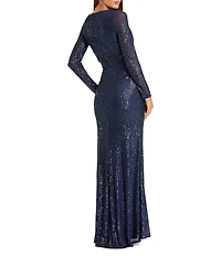 Ieena for Mac Duggal Long Sleeve Deep Surplice V-Neck Sequin Thigh High Slit Gown