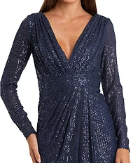 Ieena for Mac Duggal Long Sleeve Deep Surplice V-Neck Sequin Thigh High Slit Gown