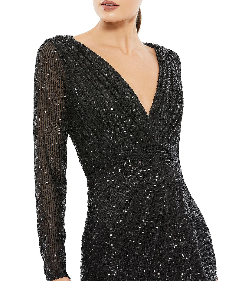 Ieena for Mac Duggal Long Sleeve Deep Surplice V-Neck Sequin Thigh High Slit Gown