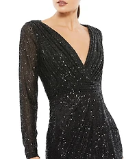 Ieena for Mac Duggal Long Sleeve Deep Surplice V-Neck Sequin Thigh High Slit Gown