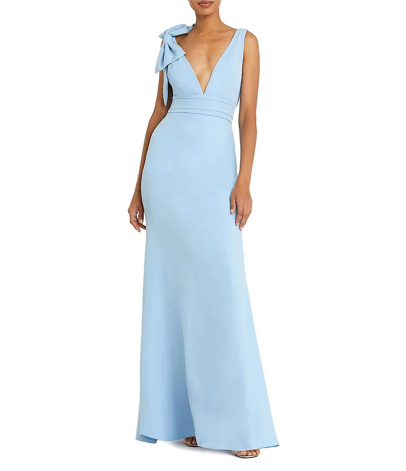 Ieena for Mac Duggal Petite Size Plunging V-Neck Bow Shoulder Sleeveless Low Back Detail A-line Dress
