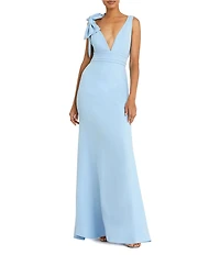 Ieena for Mac Duggal Petite Size Plunging V-Neck Bow Shoulder Sleeveless Low Back Detail A-line Dress