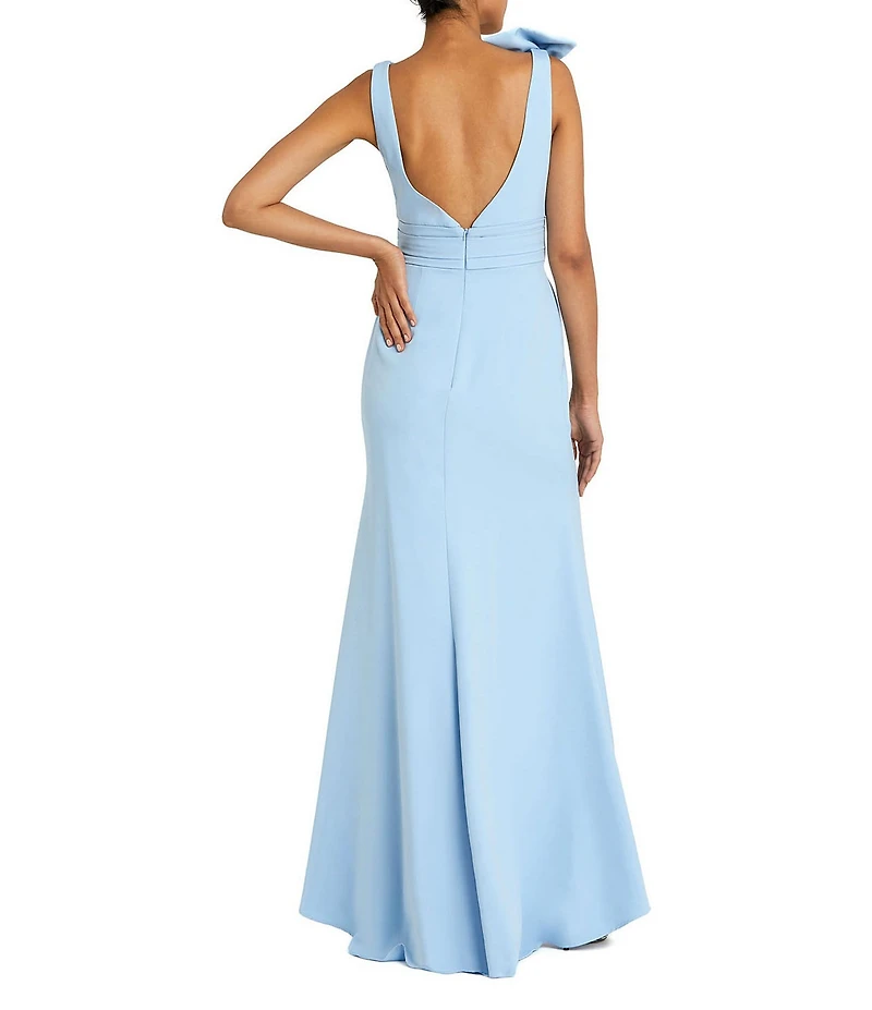 Ieena for Mac Duggal Petite Size Plunging V-Neck Bow Shoulder Sleeveless Low Back Detail A-line Dress