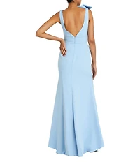 Ieena for Mac Duggal Petite Size Plunging V-Neck Bow Shoulder Sleeveless Low Back Detail A-line Dress