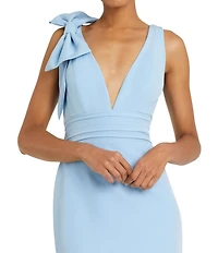 Ieena for Mac Duggal Petite Size Plunging V-Neck Bow Shoulder Sleeveless Low Back Detail A-line Dress