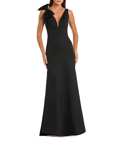 Ieena for Mac Duggal Petite Size Plunging V-Neck Bow Shoulder Sleeveless Low Back Detail A-line Dress