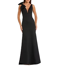 Ieena for Mac Duggal Petite Size Plunging V-Neck Bow Shoulder Sleeveless Low Back Detail A-line Dress