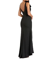 Ieena for Mac Duggal Petite Size Plunging V-Neck Bow Shoulder Sleeveless Low Back Detail A-line Dress