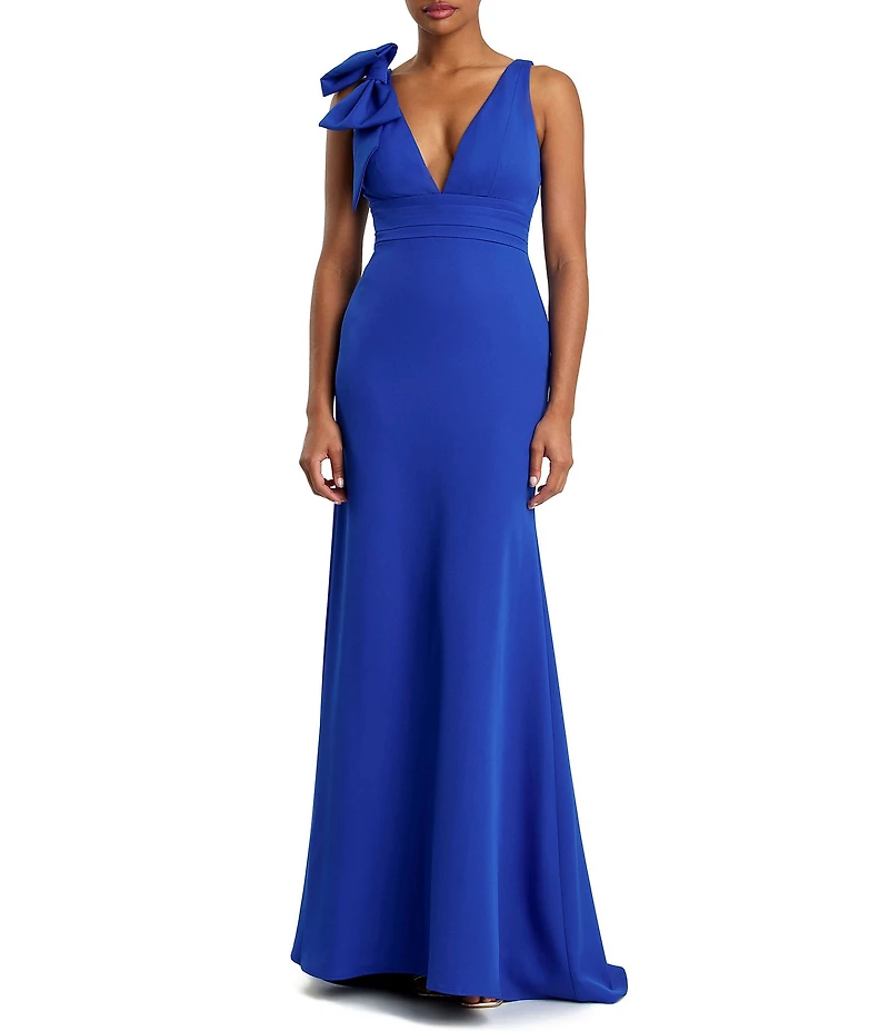 Ieena for Mac Duggal Plunging V-Neck Bow Shoulder Sleeveless Low Back Detail A-line Dress