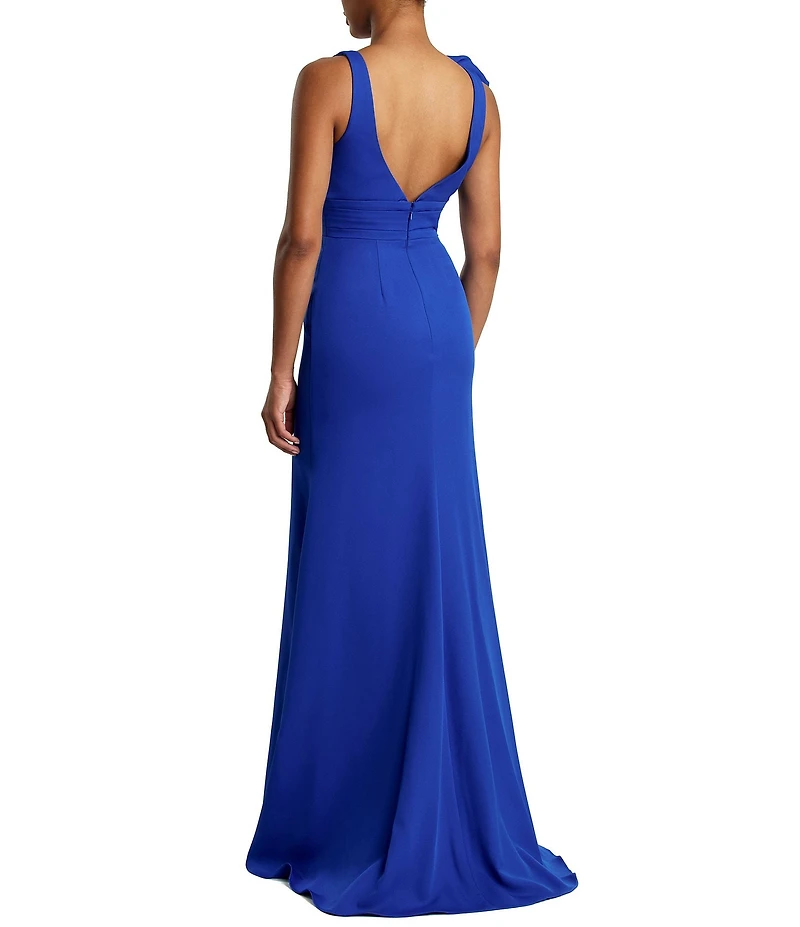 Ieena for Mac Duggal Plunging V-Neck Bow Shoulder Sleeveless Low Back Detail A-line Dress