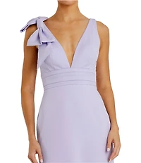 Ieena for Mac Duggal Plunging V-Neck Bow Shoulder Sleeveless Low Back Detail A-line Dress