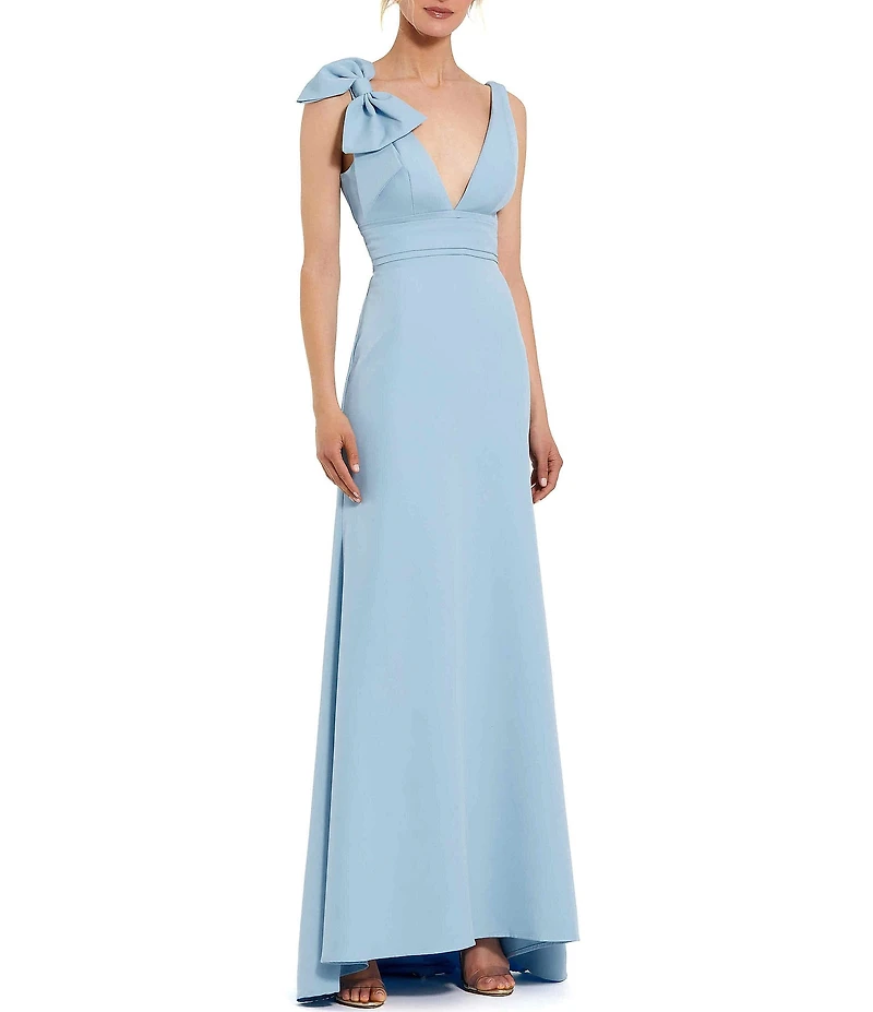 Ieena for Mac Duggal Plunging V-Neck Bow Shoulder Sleeveless Low Back Detail A-line Dress