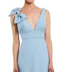 Ieena for Mac Duggal Plunging V-Neck Bow Shoulder Sleeveless Low Back Detail A-line Dress