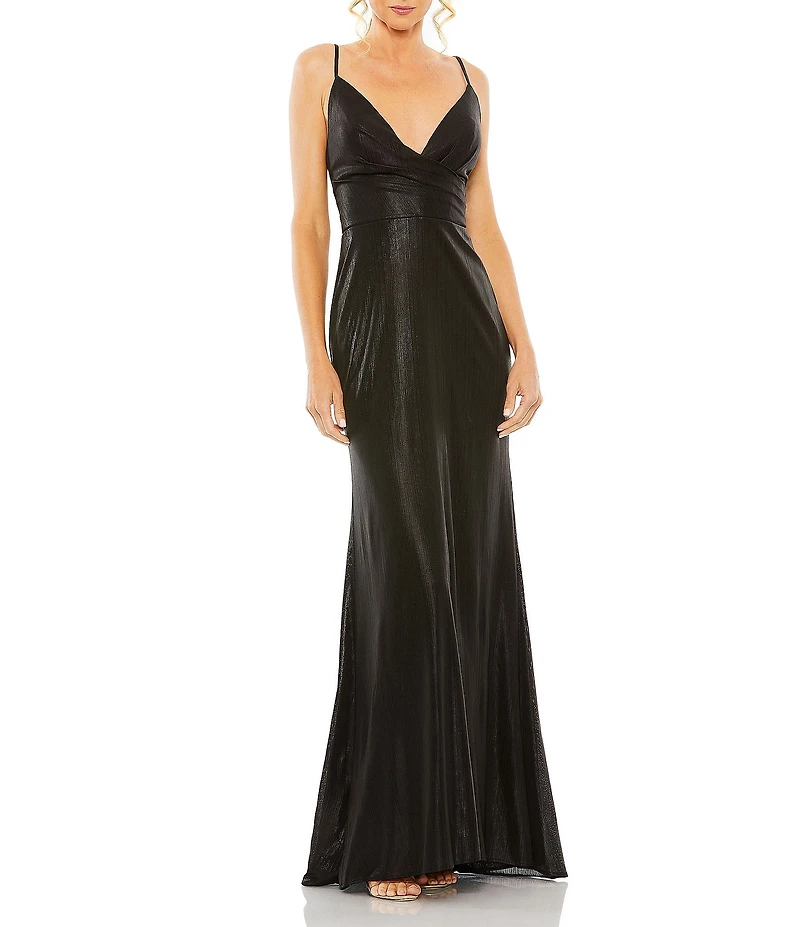 Ieena for Mac Duggal Plunging Surplice V-Neck Sleeveless Open Back Detail Sheath Gown