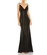 Ieena for Mac Duggal Plunging Surplice V-Neck Sleeveless Open Back Detail Sheath Gown