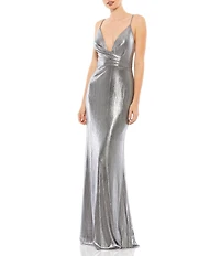 Ieena for Mac Duggal Plunging Surplice V-Neck Sleeveless Open Back Detail Sheath Gown