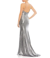 Ieena for Mac Duggal Plunging Surplice V-Neck Sleeveless Open Back Detail Sheath Gown