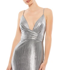 Ieena for Mac Duggal Plunging Surplice V-Neck Sleeveless Open Back Detail Sheath Gown