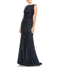 Ieena for Mac Duggal Sequin Drape Back Detail Boat Neck Sleeveless Sheath Gown