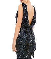 Ieena for Mac Duggal Sequin Drape Back Detail Boat Neck Sleeveless Sheath Gown