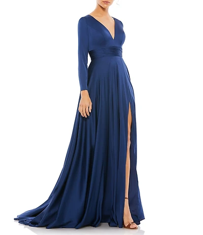 Ieena for Mac Duggal Deep V-Neck 3/4 Sleeve Satin A-Line Thigh High Slit Gown