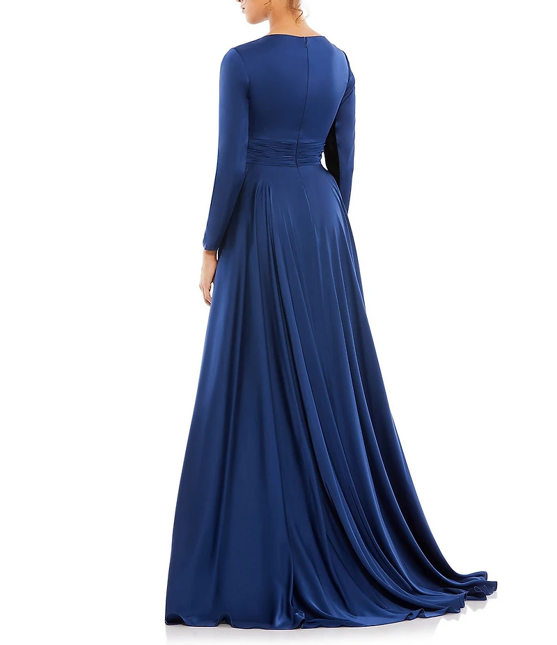 Ieena for Mac Duggal Deep V-Neck 3/4 Sleeve Satin A-Line Thigh High Slit Gown