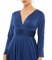 Ieena for Mac Duggal Deep V-Neck 3/4 Sleeve Satin A-Line Thigh High Slit Gown