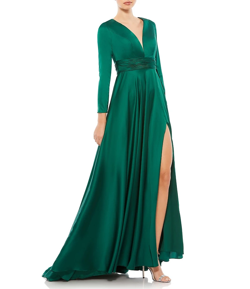 Ieena for Mac Duggal Deep V-Neck 3/4 Sleeve Satin A-Line Thigh High Slit Gown