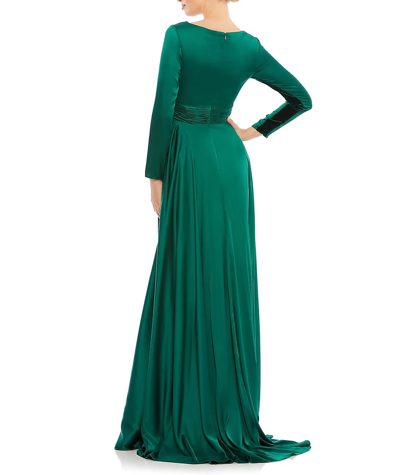 Ieena for Mac Duggal Deep V-Neck 3/4 Sleeve Satin A-Line Thigh High Slit Gown