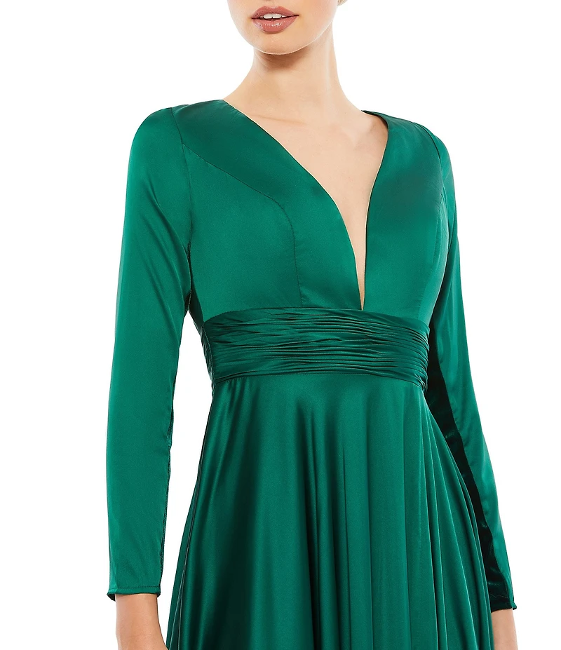 Ieena for Mac Duggal Deep V-Neck 3/4 Sleeve Satin A-Line Thigh High Slit Gown