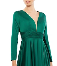 Ieena for Mac Duggal Deep V-Neck 3/4 Sleeve Satin A-Line Thigh High Slit Gown