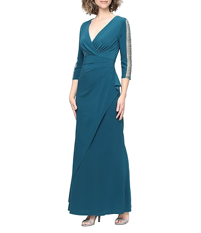 Ignite Evenings 3/4 Beaded Illsuion SLeeves Surplice Neck Empire Waist Long Matte Jersey Dress
