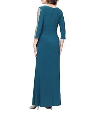 Ignite Evenings 3/4 Beaded Illsuion SLeeves Surplice Neck Empire Waist Long Matte Jersey Dress