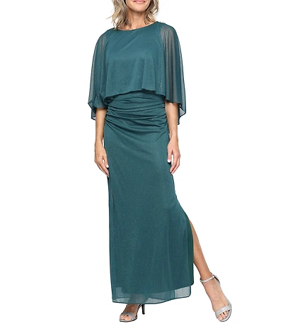 Ignite Evenings 3/4 Capelet Sleeve Round Neck Glitter Mesh Column Dress