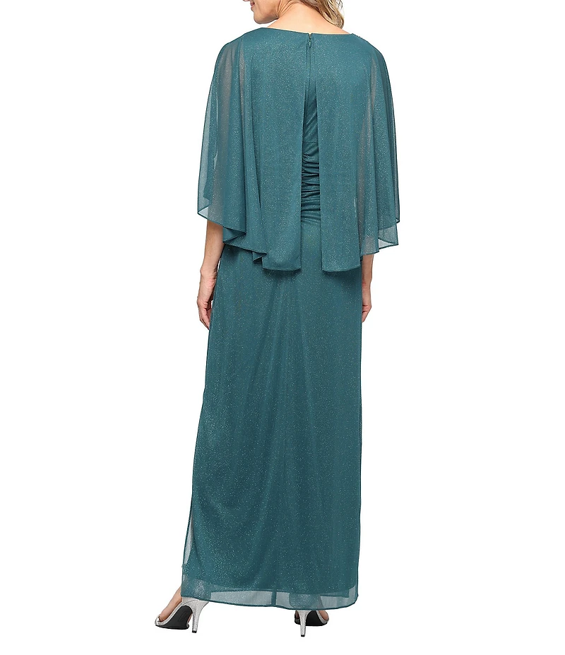 Ignite Evenings 3/4 Capelet Sleeve Round Neck Glitter Mesh Column Dress