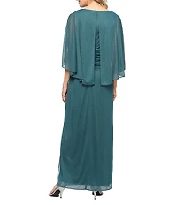 Ignite Evenings 3/4 Capelet Sleeve Round Neck Glitter Mesh Column Dress