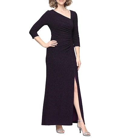 Ignite Evenings 3/4 Sleeve Asymmetrical Neck Ruched Waist Long Dress