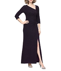 Ignite Evenings 3/4 Sleeve Asymmetrical Neck Ruched Waist Long Dress