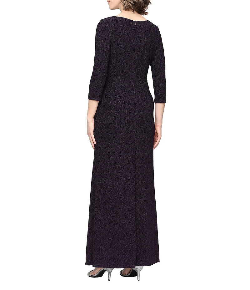 Ignite Evenings 3/4 Sleeve Asymmetrical Neck Ruched Waist Long Dress