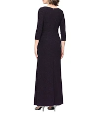 Ignite Evenings 3/4 Sleeve Asymmetrical Neck Ruched Waist Long Dress