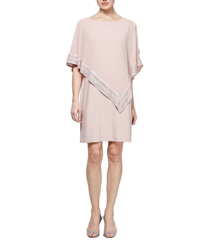 Ignite Evenings 3/4 Sleeve Foil Trim Chiffon Asymmetrical Overlay Dress