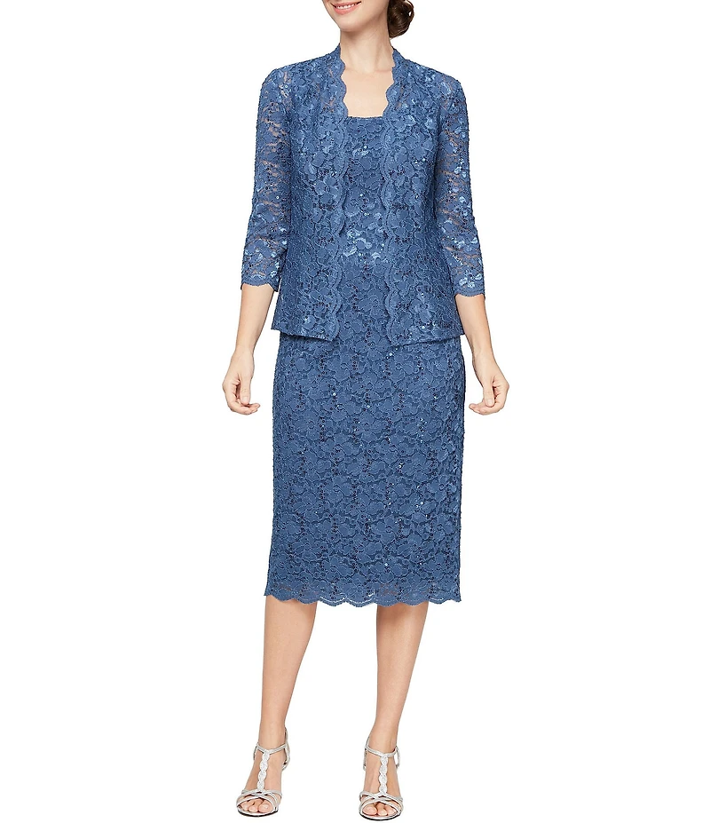 Ignite Evenings 3/4 Sleeve Square Neck Sequin Lace 2-Piece Jacket Midi Dress