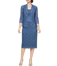 Ignite Evenings 3/4 Sleeve Square Neck Sequin Lace 2-Piece Jacket Midi Dress