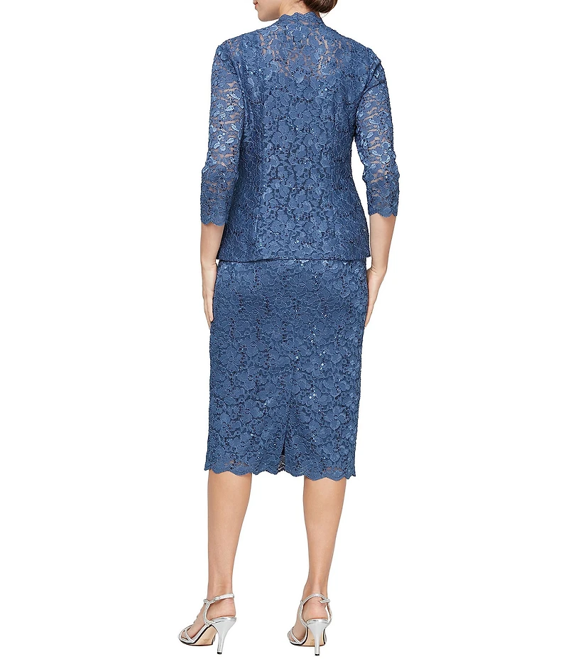 Ignite Evenings 3/4 Sleeve Square Neck Sequin Lace 2-Piece Jacket Midi Dress