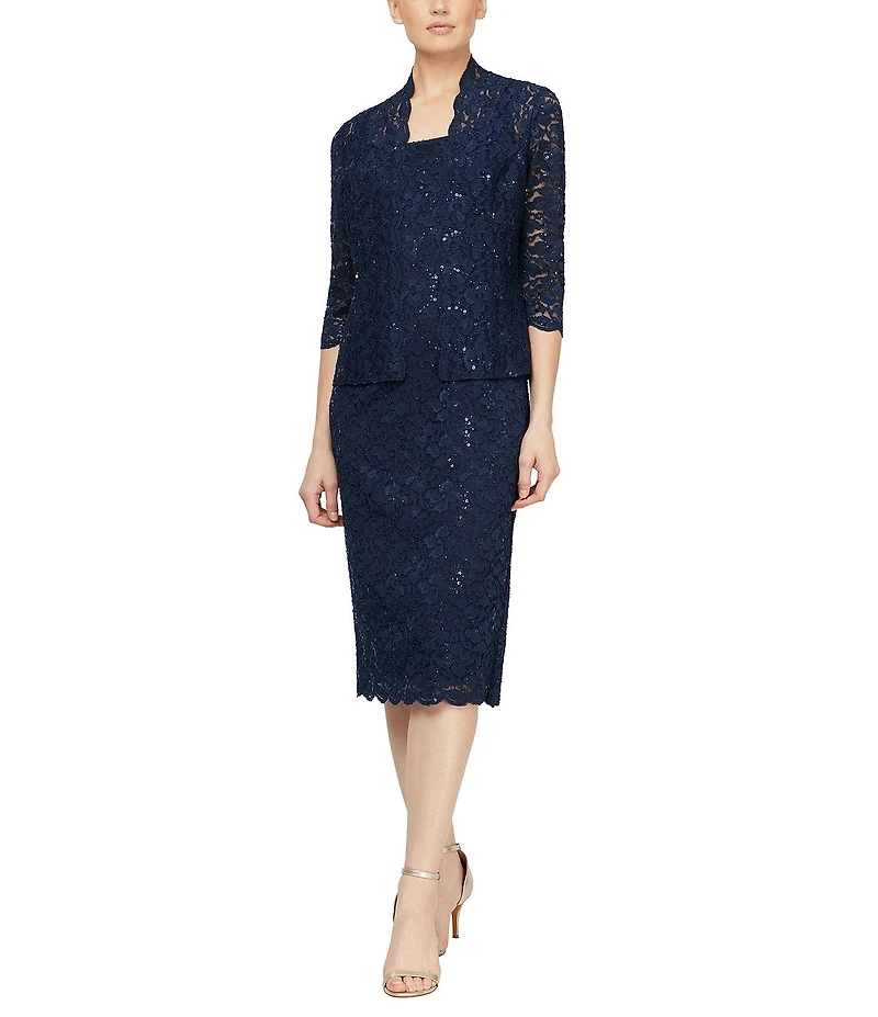 Ignite Evenings 3/4 Sleeve Square Neck Sequin Lace 2-Piece Jacket Midi Dress