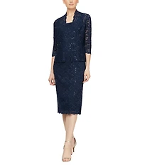 Ignite Evenings 3/4 Sleeve Square Neck Sequin Lace 2-Piece Jacket Midi Dress